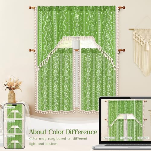 Image of Yinhua Boho Kitchen Curtains 36 Inch Length Vintage Linen Cafe Curtains Light Filtering Bohemian Floral Tier Rod Pocket Farmhouse Rustic Tassel Small Drapes with Tiebacks, 2 Panels, Green