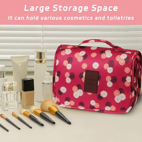 Image of Toiletry Bag Travel Bag with Hanging Hook,Wine Red FLower | Waterproof Small Capacity Hanging Makeup Bag for Toiletries, Portable Cosmetic Bag Travel Organizer for Women Men