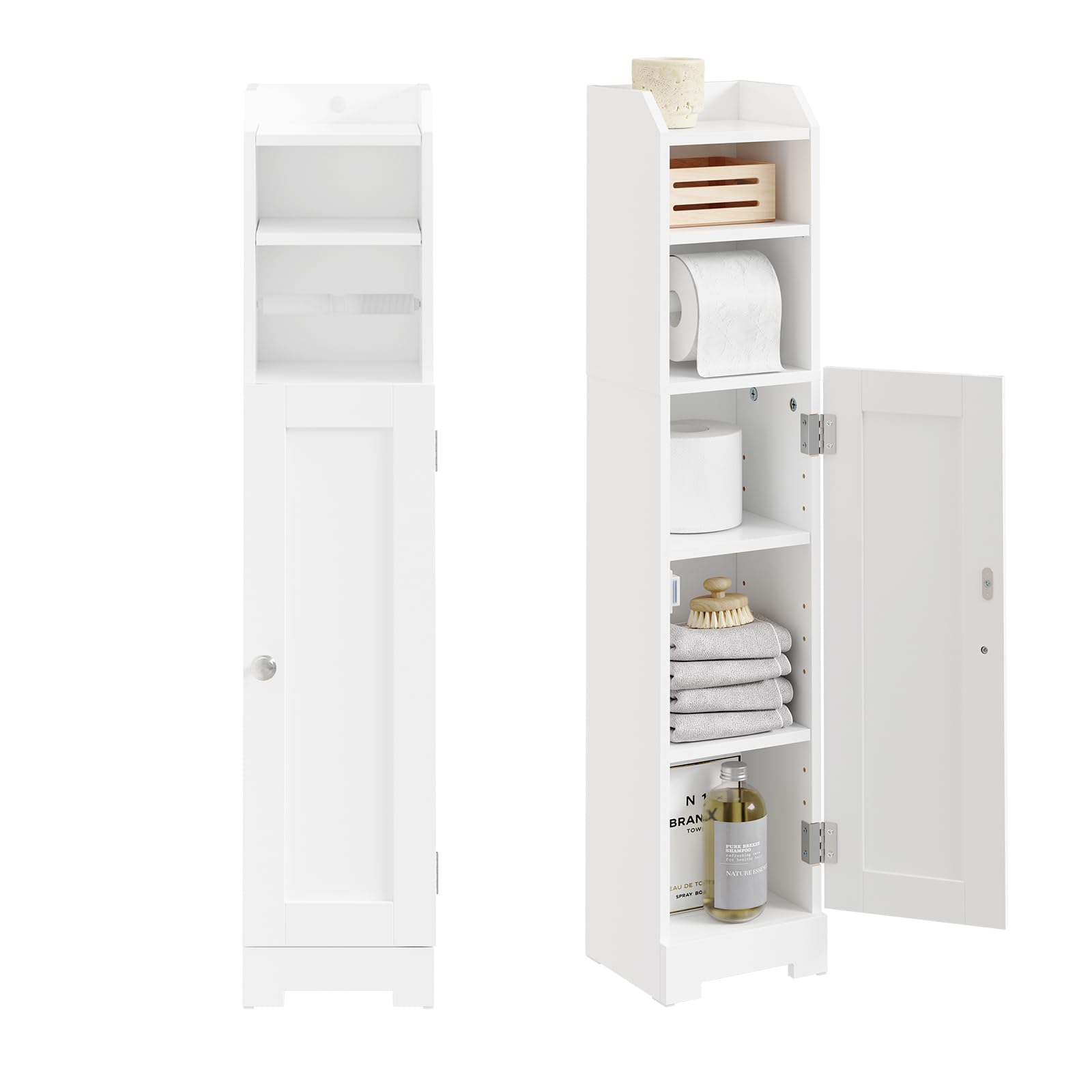 SoBuy Mueble Baño Estrecho Armario Estrecho con Estante Ajustable y Barra para Papel Higiénico Mueble Auxiliar de Baño para Espacios Reducidos, Ideal para WC y Aseo Blanco FRG177-II-W