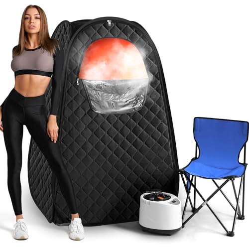 Single Person Sauna, Portable Steam Sauna Full Body for Home Spa, Sauna Tent with Steamer 2.6L 1000W Steam Generator, 90 Minute Timer, Chair, Remote Control Included(Black)