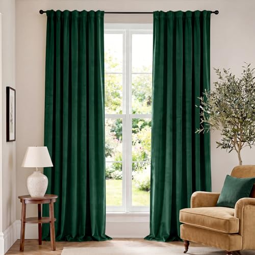 Image of Extra Long Emerald Green Velvet Curtains 62x108 Inch 2 Panels | Soft Velvet, For Tall Windows & High Ceilings, Light Shifting Texture, Elegant Drape, Classic, Rod Pocket