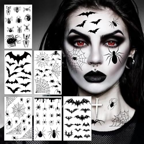 6 Blatt Gesichtstattoo Karneval große Größe Spinnen Fledermaus Tattoo Gesicht Erwachsene Kinder Halloween Fasching Tattoo Hexen Zubehör für Karnevalsschminke Halloween Masquerade