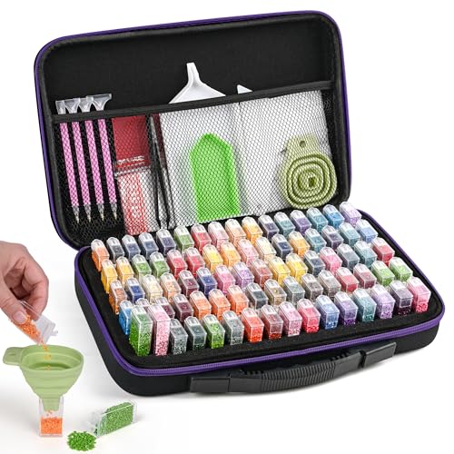 Image of MERATIA Diamond Painting Storage Case Organizer, 80 Slots with Accessories | Purple hard-shell case with 80 clear containers, fitted foam insert, mesh pocket and diamond art tools.