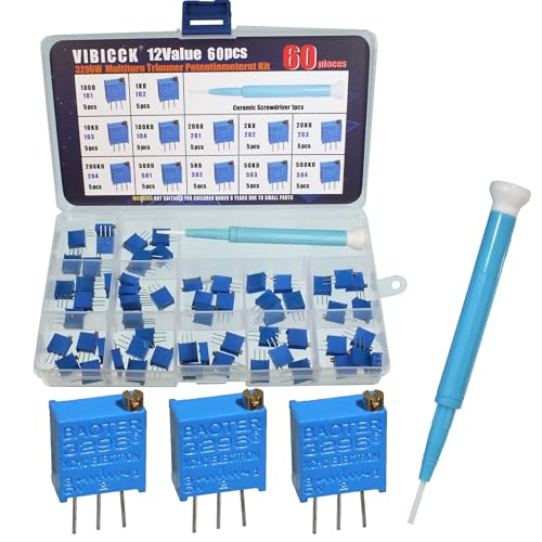 VIBICCK 60Pcs 12 Values 3296W Multiturn Trimmer Potentiometer （100-500 K Ohm ） Top Adjustment Variable Resistor Assortment Kit