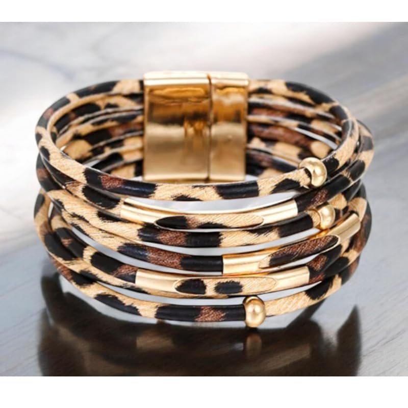 Caiyao Simple Beaded Leather Wrap Bracelets for Women Leopard Print Trendy Layered Stackable Buckle Bohemian Wrist Cuff Bangle Jewelry2