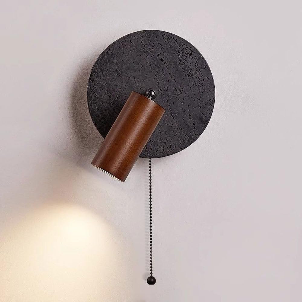 SEMANHUA Round Wall Lamp - Rotatable Spotlight for Bedroom & Corridor Black Travertine Bedside Lighting Fixture
