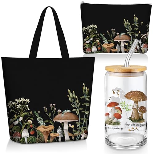 FoldTier 3 Pcs Plant Lover Gift for Women, Spring Aesthetic Gift for End of Year Teacher, Floral Canvas Tote Bag, 16 oz Coffee Cup with Straw Lid, Makeup Bag for Mother Birthday(White,Flower)