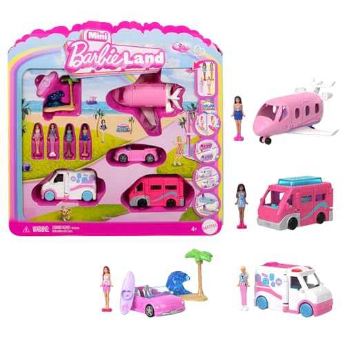 Barbie Coffret 4 Poupées et 4 Véhicules Mini BarbieLand contenant 4 mini poupées Barbie de 4 cm et 4 véhicules emblématiques avec éléments qui changent de couleur JGL30