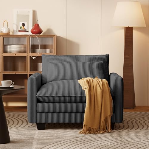 Image of Gizoon Cloud Accent Chair with Washable Cover, Corduroy Single Sofa Chair with Comfy Deep Seat, Modern Armchair with Pillow for Living Room Bedroom, Gray