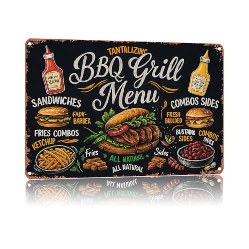 Bbq Grill Menu Metal Sign, 12x8 Inch Wall Decor