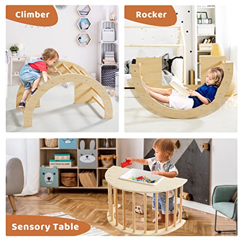 Beright 5 In1 Climbing Arch Sensory Table For Kids, Montessori Climbing Gym, Rocker Board Wooden Toy With Collapsible Storage Bin, Learning Playset #TOP2
