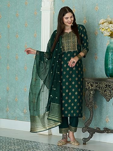 Image of GoSriKi Women's Cotton Blend Printed Straight Kurta with Pant & Dupatta