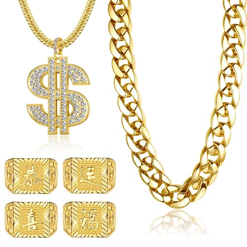 JeryWe Hip Hop Chapado en Oro Cadena Collares y Anillos Set para Hombres Mujeres Traje de Rapero...