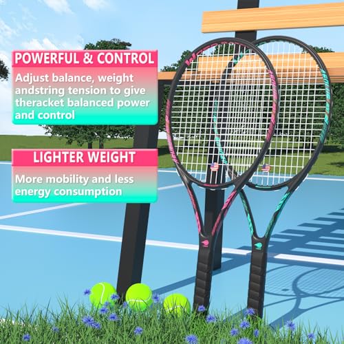 Image of Pro Tennis Racket for Adults, 2 Player 27 inch Speed Tennis Racquet Acceptable for Beginner and Professional with 3 Tennis Balls, 2 Vibration Dampes, 2 Overgrips, Tennis Bag