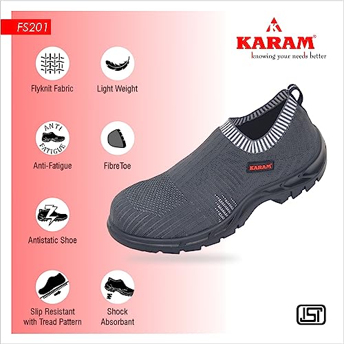 Image of KARAM Flytex FS201 Safety Shoes for Men | Sporty Design, Lightweight with Single Density | Antistatic, Antislip, Oil & Heat Resistant with Fiber Toe | Grey | Size-10