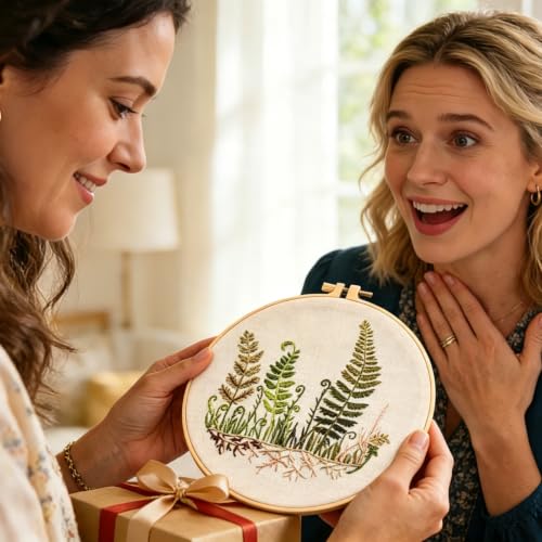 Image of Fern Botanical Embroidery Kits for Beginners Adults, Vintage Plant Embroidery Sets Needlepoint Kits, Stamped Cross Stitch Kits for Beginners Adult, 4 Embroidery Hoops, Fabric (Attached Video Tutorial)