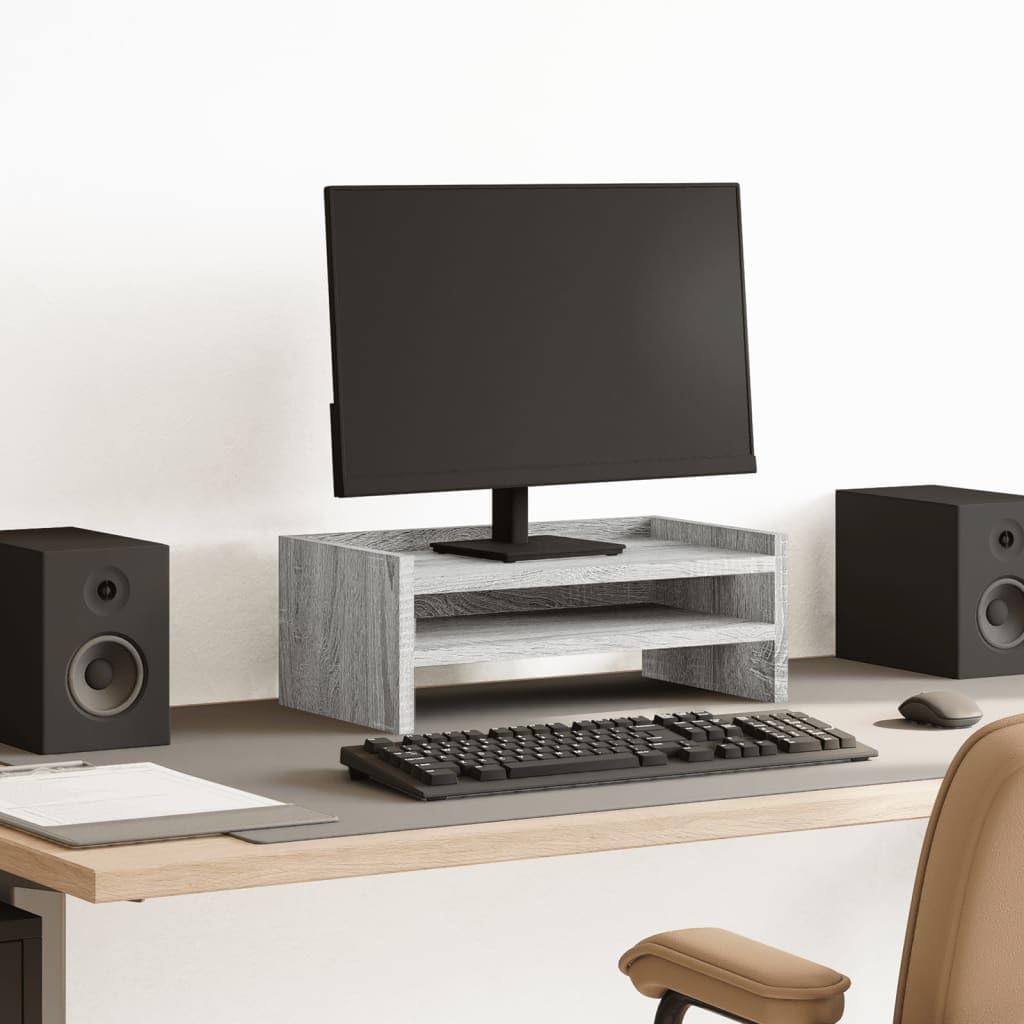 Supporto per monitor in legno grigio sonoma, 42 x 24 x 16 cm, con 2 ripiani, per monitor fino a 25 kg, da scrivania, per ufficio domestico