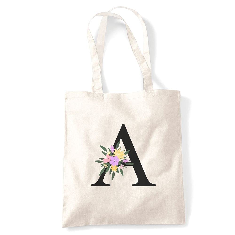 Merch KingdomPersonalised Floral Alphabet Any Letter Initial Tote Shopping Shopper Bag Gift