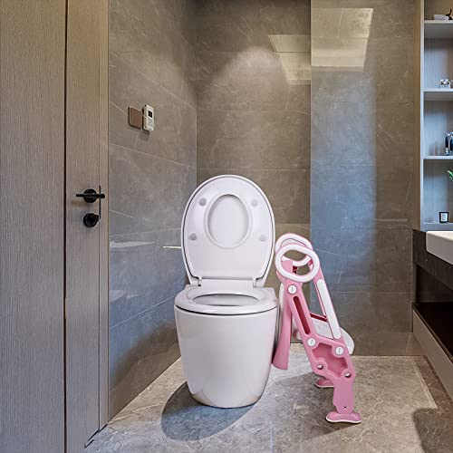 Toilettensitz Kinder mit Treppe, Stabilen Rutschfesten Breiten Pedalen und Weichem PU Kissen, Klappbar Kinder WC Sitz mit Rutschfest Leiter, HöHenverstellbar 38-42cm Rose - Image 7