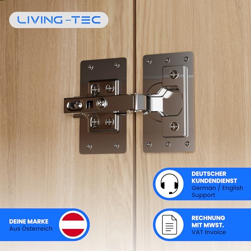 LIVING-TEC ® Scharniere Reperaturplatte 4er Set – Scharnier Reperaturset mit 4 Stahl-Platten und 48 Schrauben – Kein Bohren nötig – Hochwertige Schrank-Scharniere Reparaturplatte für Topscharniere