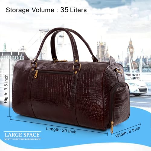 Image of HYATT Leather Accessories Weekender Travel Duffle Bag with Separate Shoe /Laundry Compartment for Men & Women Made of Natural Dry-Milled Leather (C-Brown)