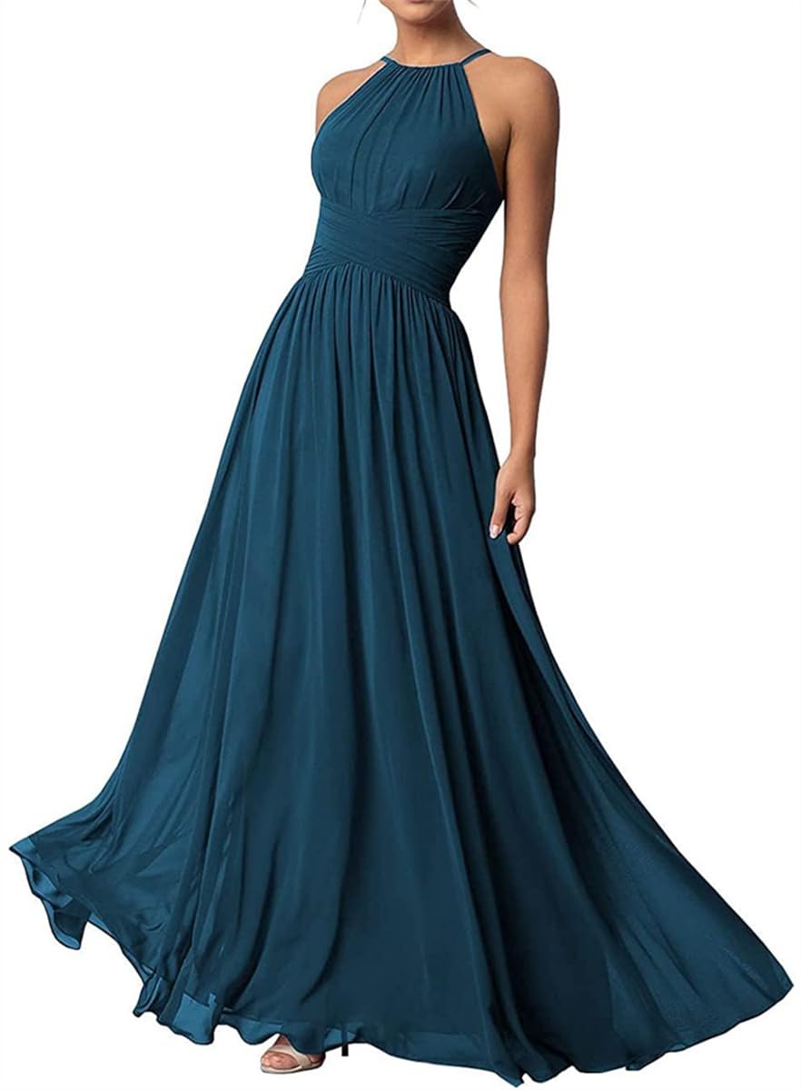 Wseyu Women's Teal Halter Neck Bridesmaid Dresses Long Chiffon Dresses Evening Dresses Uk12