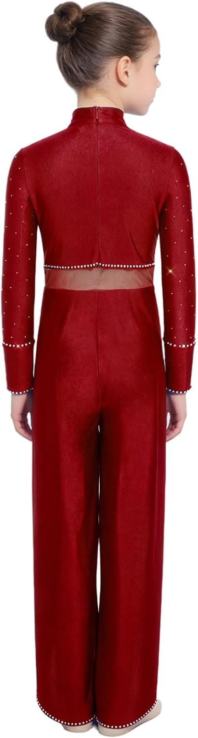 Lyrical Dance Jumpsuit for Girls Jazz Performance Costume Mesh Patchwork Wide Leg Bodysuit Ballet Dance Leotards
