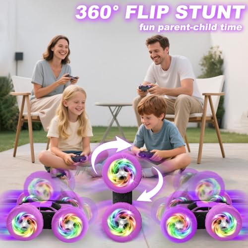 Image of Remote Control Car, Outdoor Toys RC Cars for Kids Ages 6-12, 4WD Double Sided Stunt Vehicle with Upgraded USB-C Modular Batteries, 5 6 7 8 9 10+ Year Old Boy Birthday Purple