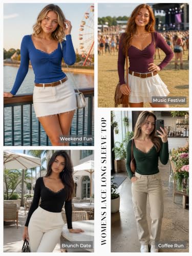 Image of Womens Lace Long Sleeve Top Paneled Henley Shirts Y2k 2000s Fitted Going Out Tops Blouse