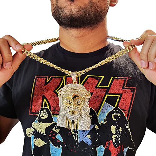 Iced Gold Plated Simulated Diamond Jumbo Size Jesus Head Pendant & 10mm 18" 20" 24" 30" Cuban Chain Hip Hop Rapper Style Jewelry Fashion Necklace Gift, halloween4