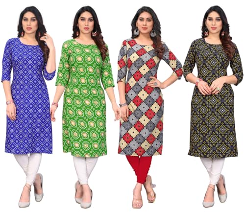 Image of JAKHANA Women's Crepe Printed Casual Straight Calf Length Round Nick Kurta Pack of 4