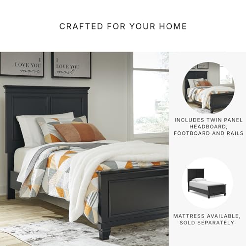 Image of Signature Design by Ashley Lanolee Twin Panel Bed, Black Kids Bed | Sturdy hardwood solids, birch veneer & MDF substrate, Elegant black framed panels, 5.75-inch under-bed space