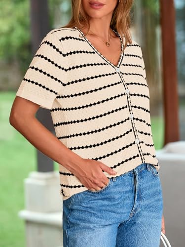 Image of NALANISA Women's Short Sleeve Sweater Spring Summer Crochet Knit Tops 2026 V Neck Striped Button Down Dressy Casual Blouses