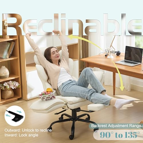 Image of Flip Armrests Criss Cross Office Chair, Reclining Office Chair with Foot Rest, Adjustable Headrest, Massage Waist Pillow, Cross Legged Big and Tall Desk Chair Wide Seat Vanity Chair, White PU Leather