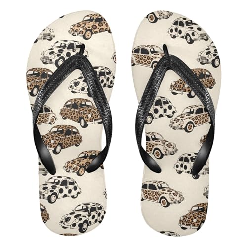 ALAZA Cute Leopard Print Cars Flip Flops for Women Fashion Beach Slippers Comfort Mens Flip Flops Non-Slip Rubber Shower Slippers Sandal for Hotel Travel Sport,XS