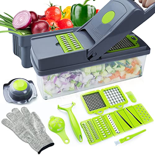 16-in-1 Vegetable Chopper, Pro Onion Food Chopper, Manual Salad Chopper Vegetable Cutter with Container, Veggie Chopper Dicer and Slicer Mandoline Slicer for Home Kitchen gadgets, Hand Dicer Grater