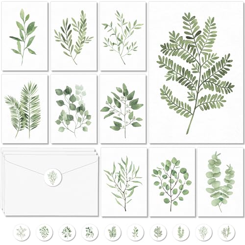 100PCS Greenery Blank Cards and Envelopes Bulk 4x6 Inch Watercolor Botanical Greeting Cards With Envelopes Stickers Green Leaves Plants Thank You Note Card For Birthday Baby Bridal Shower Wedding