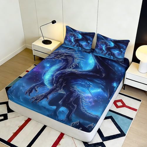 Drap-housse Blue Dragon 160x200x25cm en microfibre imprimée