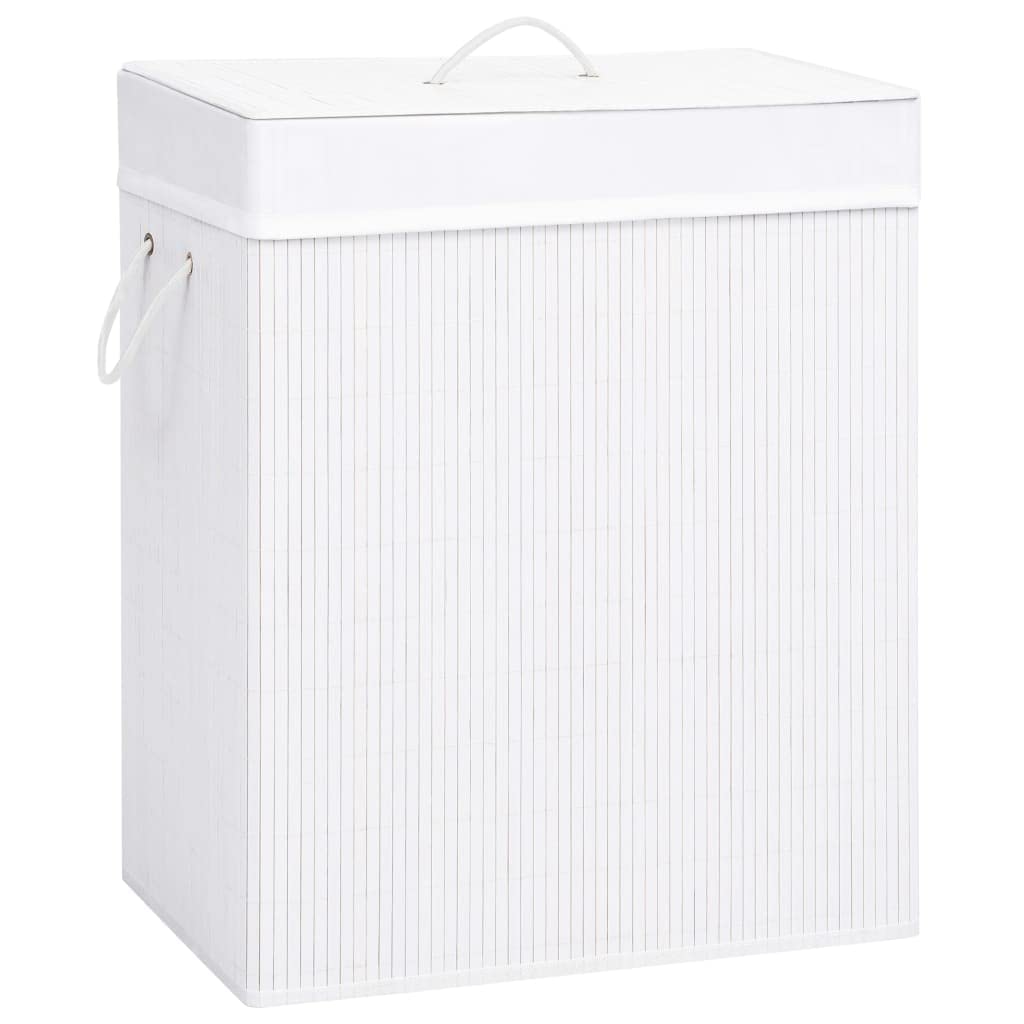 Bambus-Wäschekorb mit 2 Fächern Weiß 100 L, faltbar, mit Griffen, große Wäschetruhe, Wäschesammler, Wäschebox, sortierer, platzsparend, ideal für Badezimmer Schlafzimmer Kinderzimmer