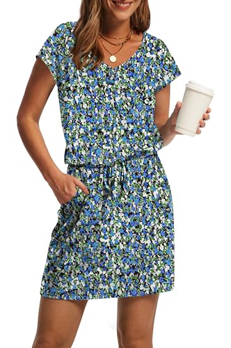 Image of OFEEFAN Summer Dresses for Women 2026 V Neck T Shirt Casual Mini Dresses Tie Waist Sundresses with Pockets