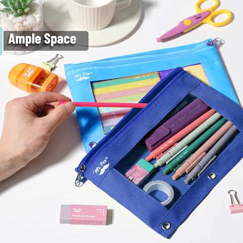 Image of Mr. Pen- Pencil Pouch for 3 Ring Binder, 2 Pack, 10 inchx6.75 inch, Smooth Zipper | Clear Window, Large Capacity Pencil Case with 3 Reinforced Grommets for School, Office, Supplies Storage | Clear Window, Large Capacity Pencil Case with 3 Reinforced Grommets for School, Office, Supplies Storage