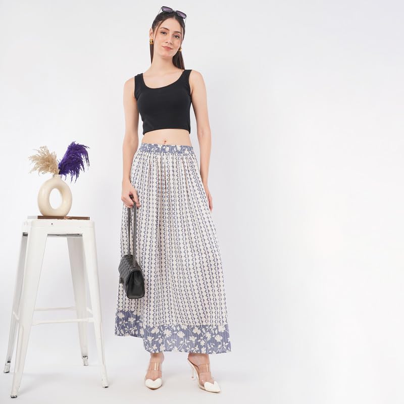 Rabhika Women’s White Patterned Pure Cotton Panel Maxi Skirt, Elegant Long Skirt for Daily Casual 2XL 1