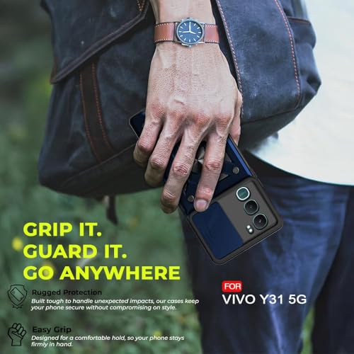 Image of Luxe Back Cover Compatible for Vivo Y31 | D10 Tough Armor Case | Sliding Camera Shield | 360 Protection | Kickstand Ring Holder | Military-Grade Bumper Case - Blue