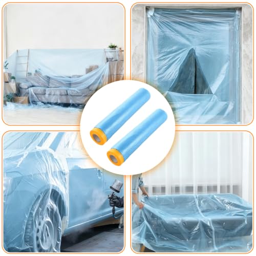 Image of 6 Rolls 71 inch x 66' Pre-Taped Masking Film, Painters Plastic Sheet, Plastic Drop Cloth for Painting, Tape and Drape for Automotive Covering and Appliance Protection