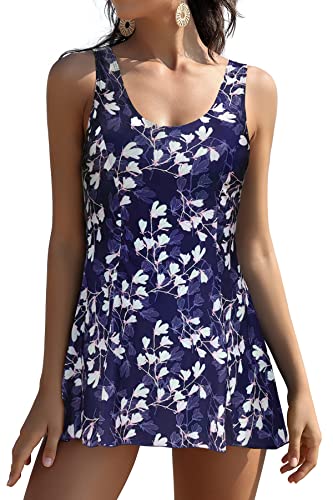 Shekini Women's Swimdress Tummy Control One Piece Swimsuit U Neck Skirtini Bathing Suit（Blue Printing，Large） #TOP10