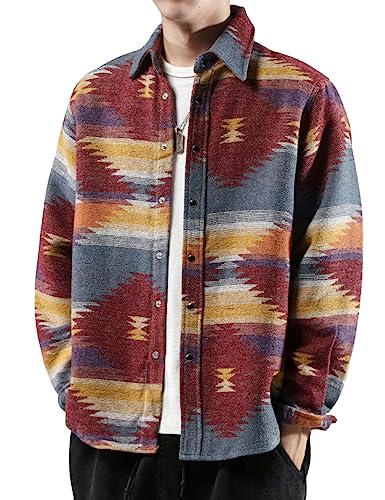 Image of FindThy Men's Brushed Flannel Shirts Ethnic Aztec Print Button Up Lapel Tribal Shirt Jacket Shacket