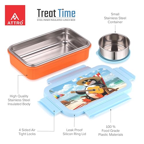 Image of ATTRO Treat Time Stainless Steel Insulated Lunch Box with Inner Steel Body, Airtight 4-Side Lock Lid, Leakproof Silicone Seal, Small Container-560ml+150ml-Relax Bear Blue Orange