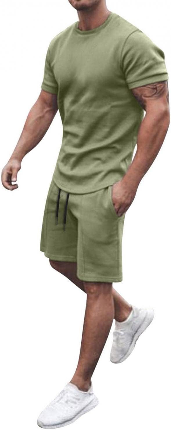 JUNGE 2023 Mens 2 Piece Summer Short Set Gradient Color Crew Neck Muscle Short Sleeve Tee Shirts & Sport Shorts Sweatsuit Set