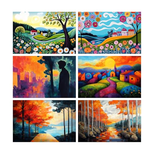 Image of SiddArtify Colorful Landscape Wall Art Prints Set - Whimsical Village Poster Decor for Living Room Bedroom Office - 8x12 Sticker Pack of 6