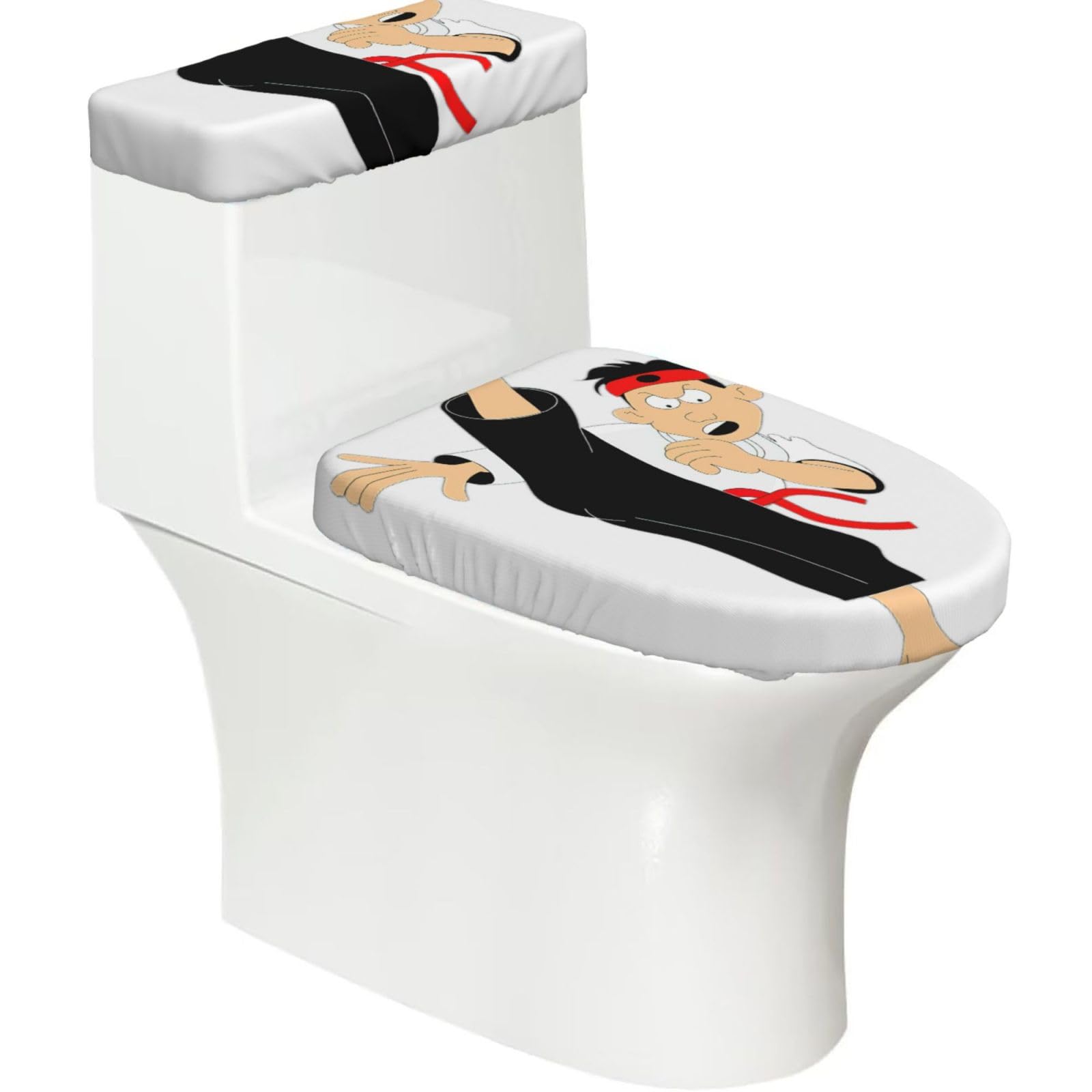 Cartoon Karate Print 2-Piece Stretch Toilet Cover Set, Elastic Breathable Toilet Seat and Tank Lid Protector